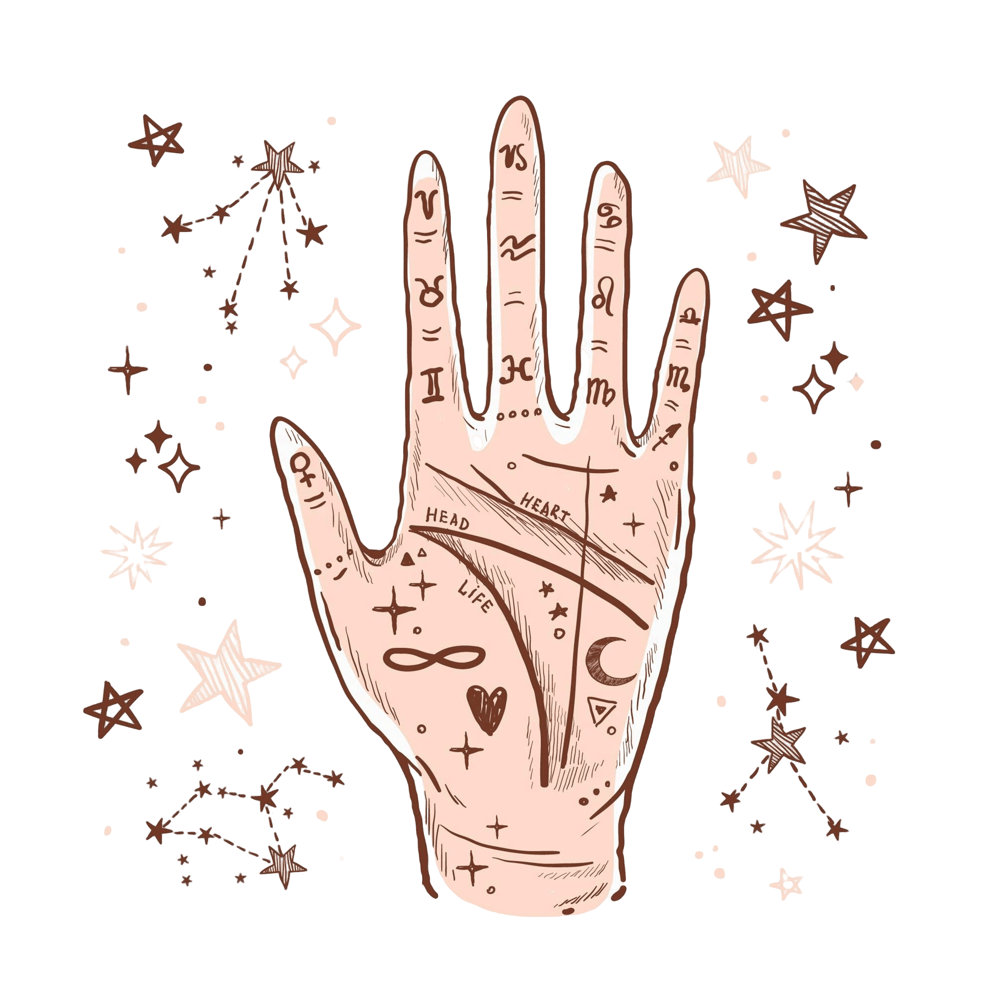 Illustrated hand with palmistry lines surrounded by zodiac stars